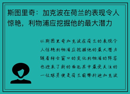 斯图里奇:加克波在荷兰的表现令人惊艳,利物浦应挖掘他的最大潜力